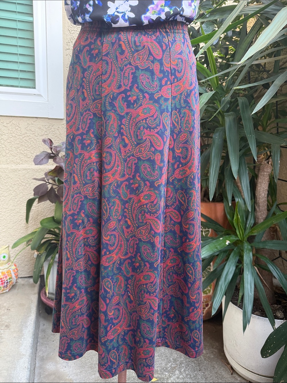 Vintage Lands’ End Paisley A-Line Cotton Maxi Skirt in Navy, Green and Burgundy